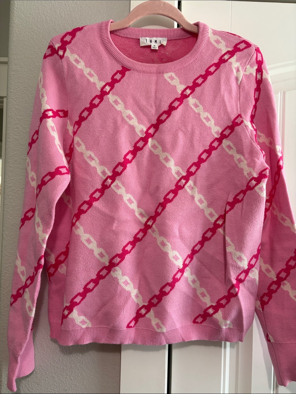 THML Pink Diagonal Chain-Print Crewneck Sweater